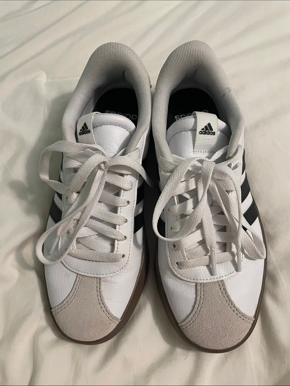 adidas White Sneakers with Black Stripes and Tan Accents